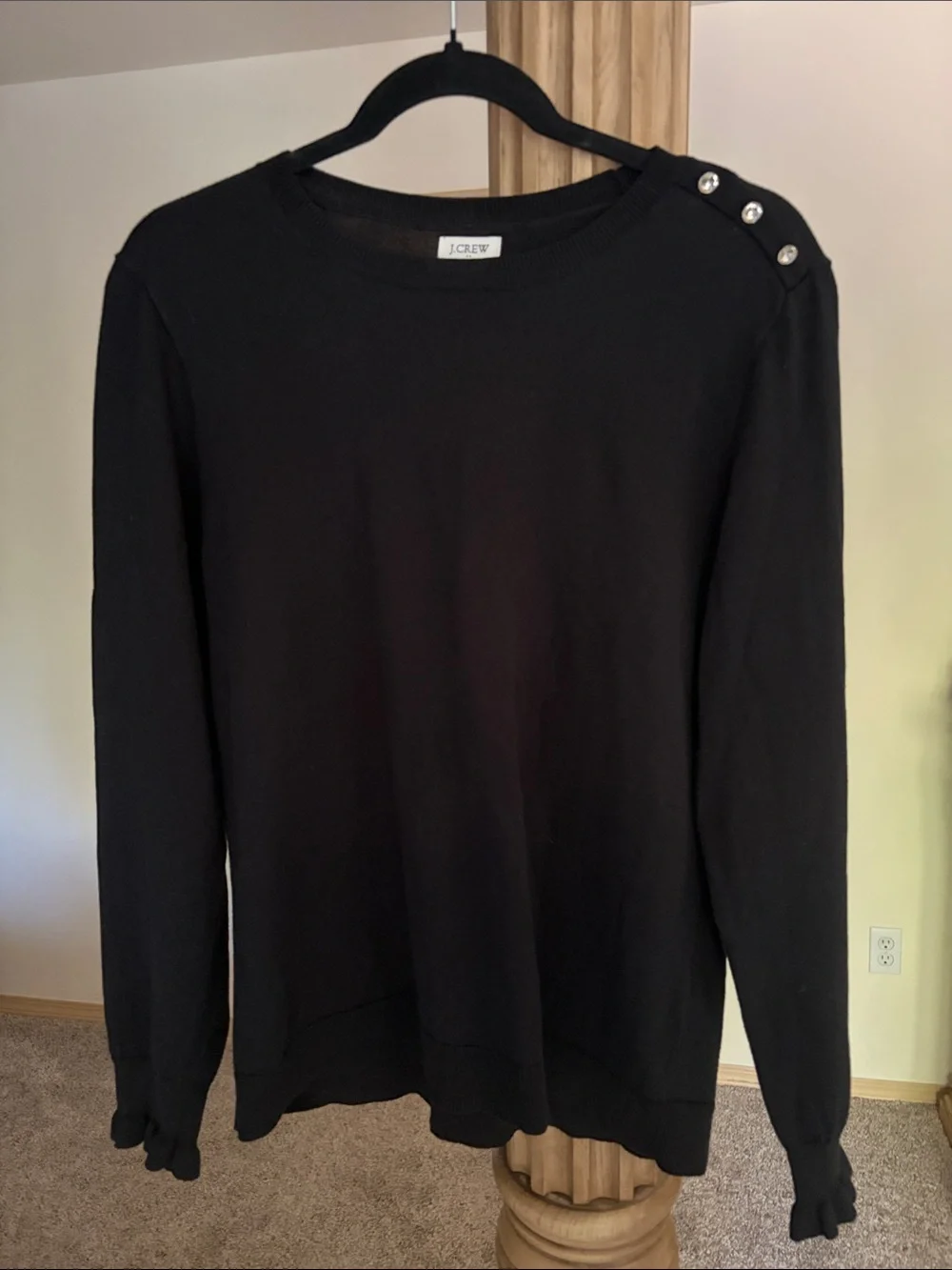 J. Crew Black Crewneck Sweater with Shoulder Rhinestone Buttons